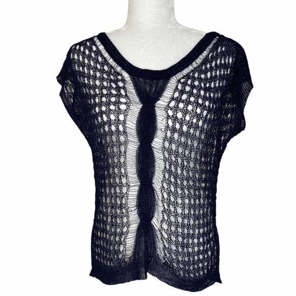 ANTHROPOLOGIE Yellow Bird Navy Blue Open Weave Short Sleeve Sweater - Picture 1 of 5